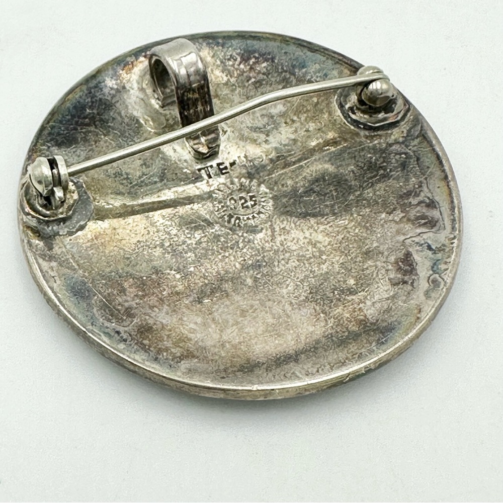 Vintage Taxco Sterling Silver 925 Crushed Malachite Inlay Tribal Brooch Pin - Picture 3 of 7